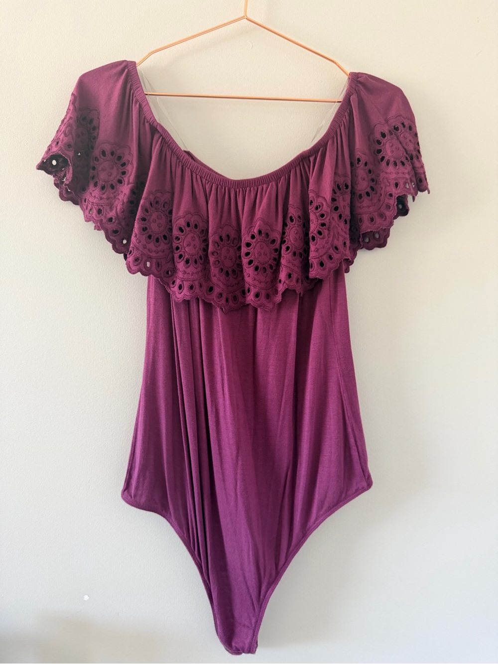 Rue21 Burgundy Off-Shoulder Eyelet Ruffle Bodysuit